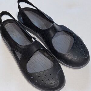 CROCS Iconic Comfort Slingback Mary Jane Flats Shoes Womens Black Rubber Sz8